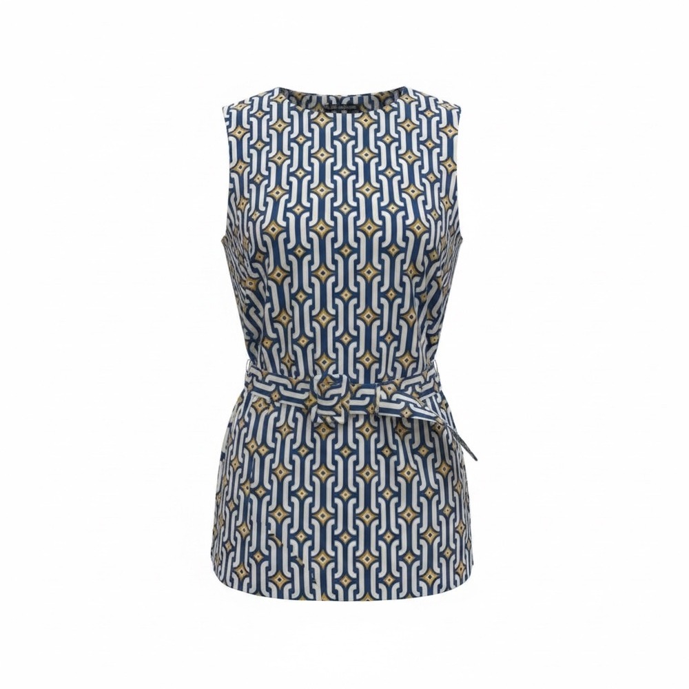 Boden Womens Sleeveless Geometric Belted Top Navy Blue White US 6 UK 10